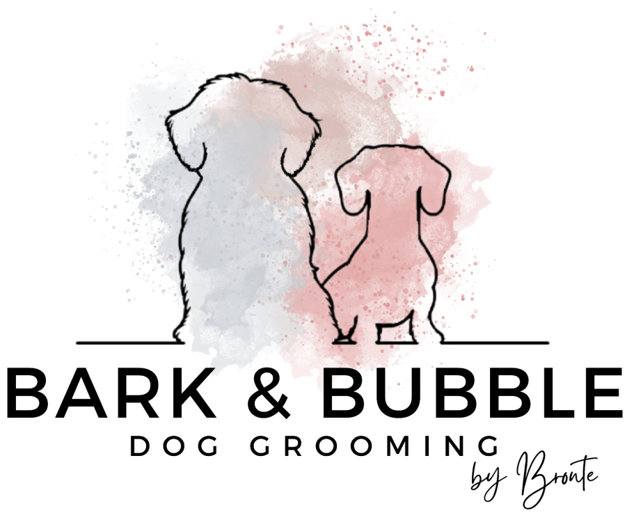 Bark & Bubble Logo Outline of two dogs with a pink splash background, featuring the text "Bark & Bubble Dog Grooming."